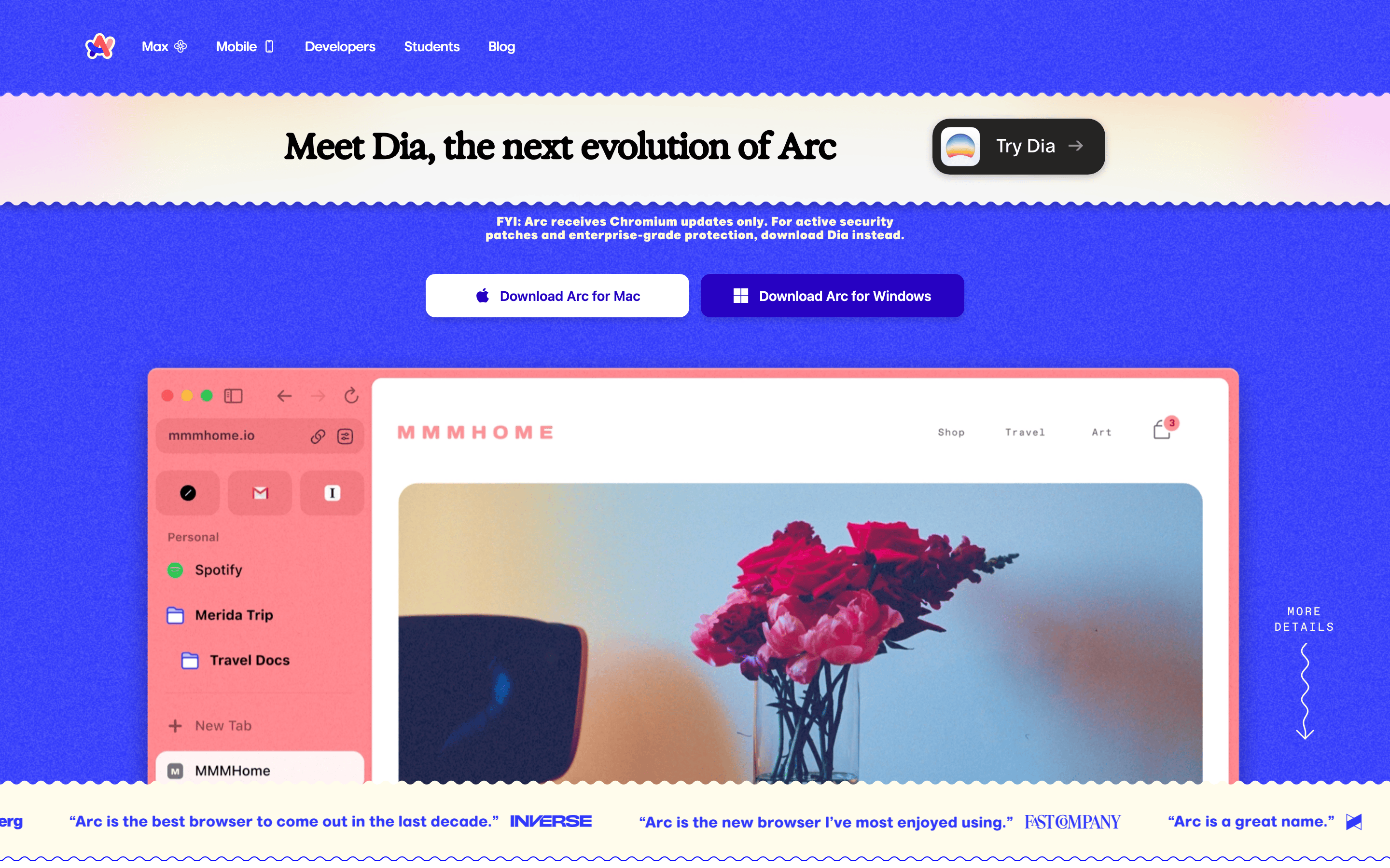 Arc Browser — 桌面滚动分段(90% viewport 步进)