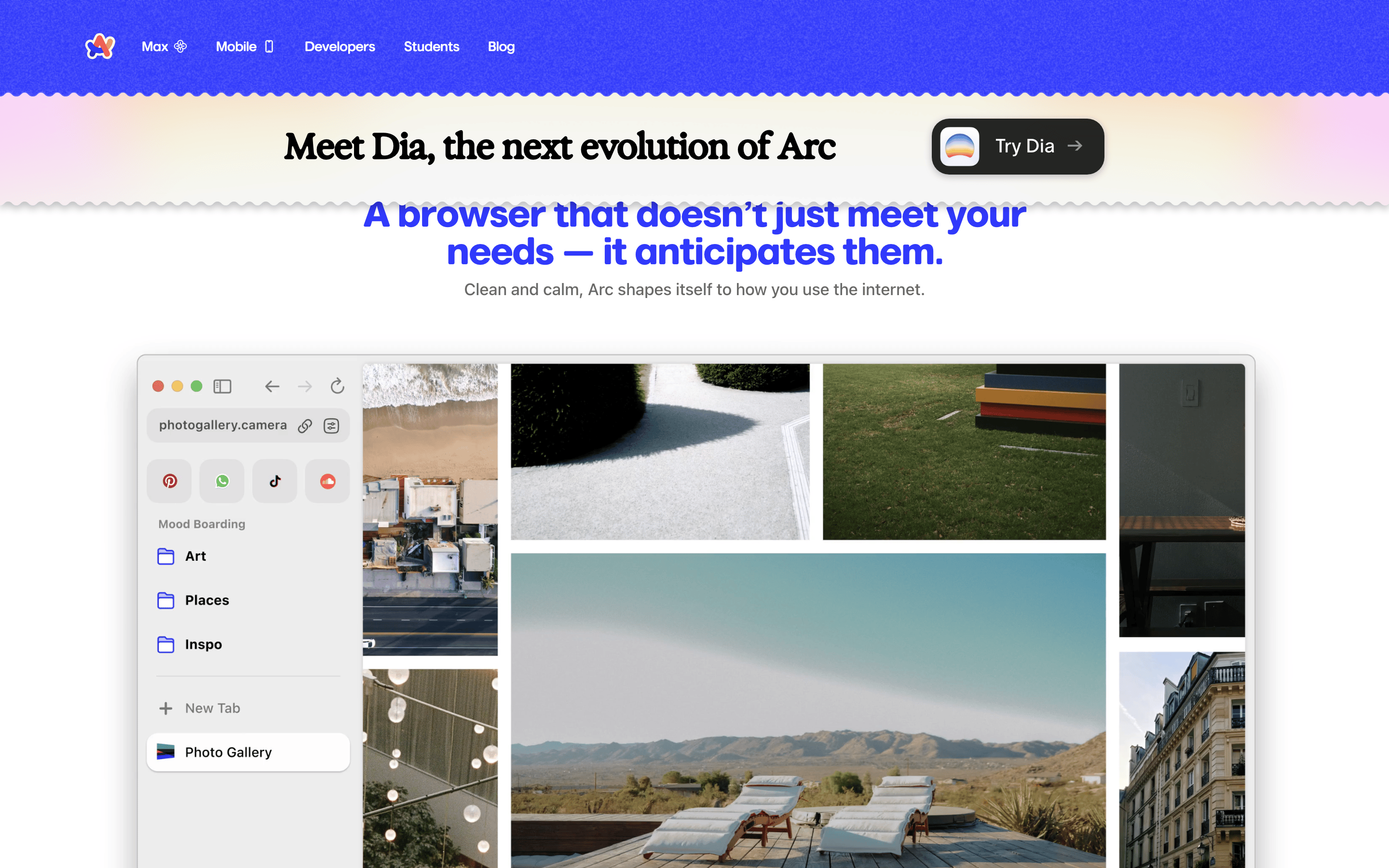 Arc Browser — 桌面滚动分段(90% viewport 步进)