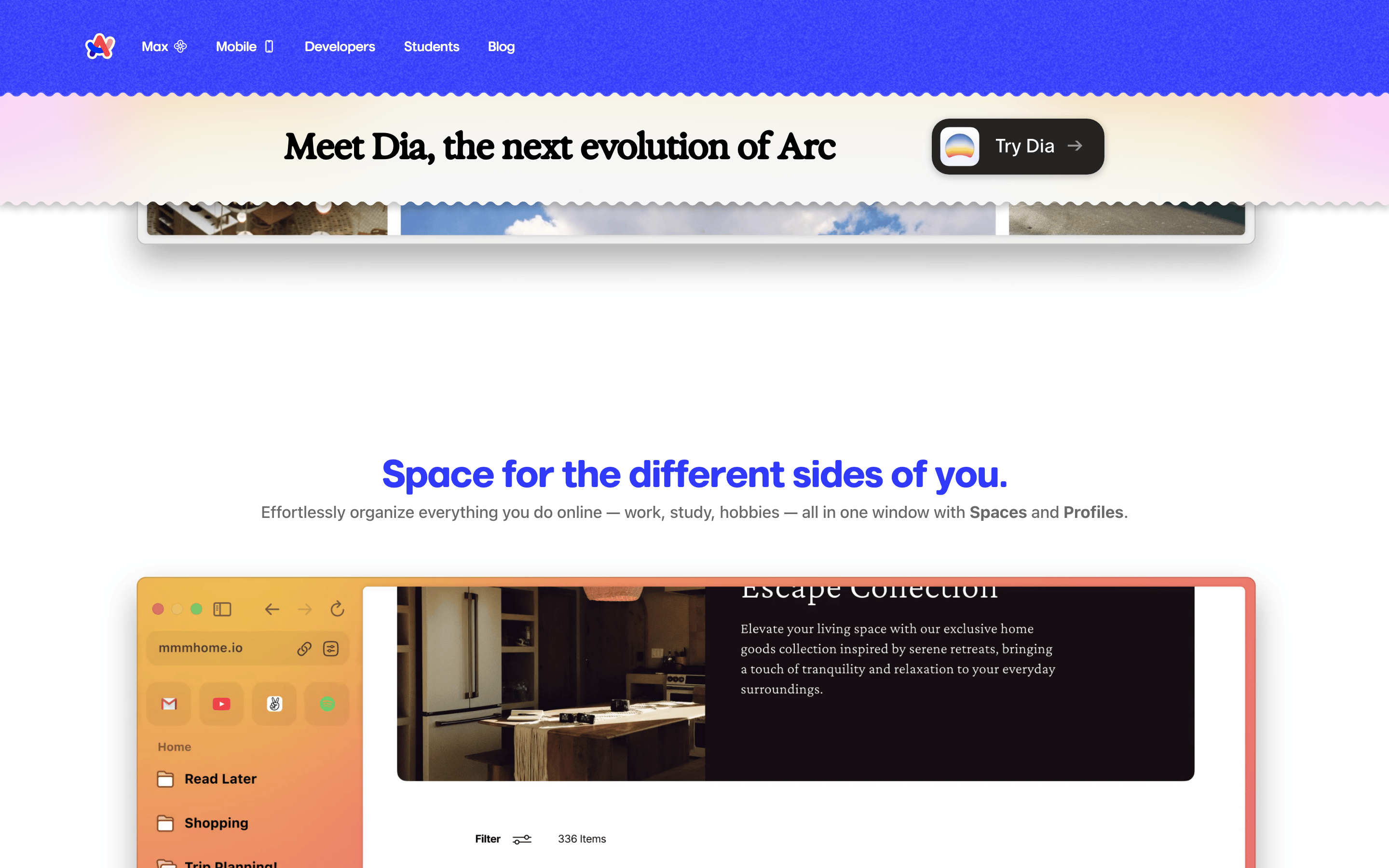 Arc Browser — 桌面滚动分段(90% viewport 步进)