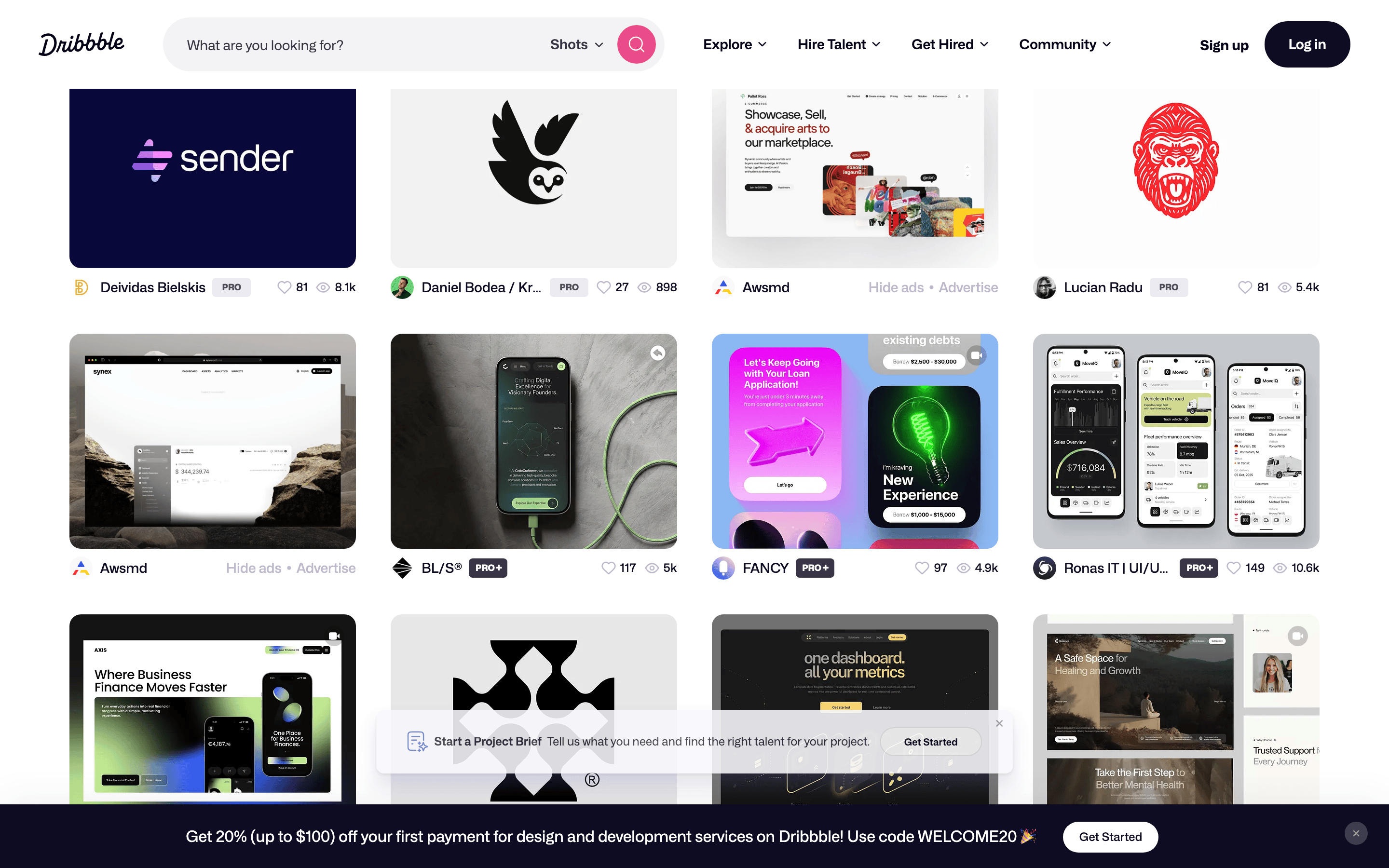 Dribbble — 桌面滚动分段(90% viewport 步进,作为视觉证据)