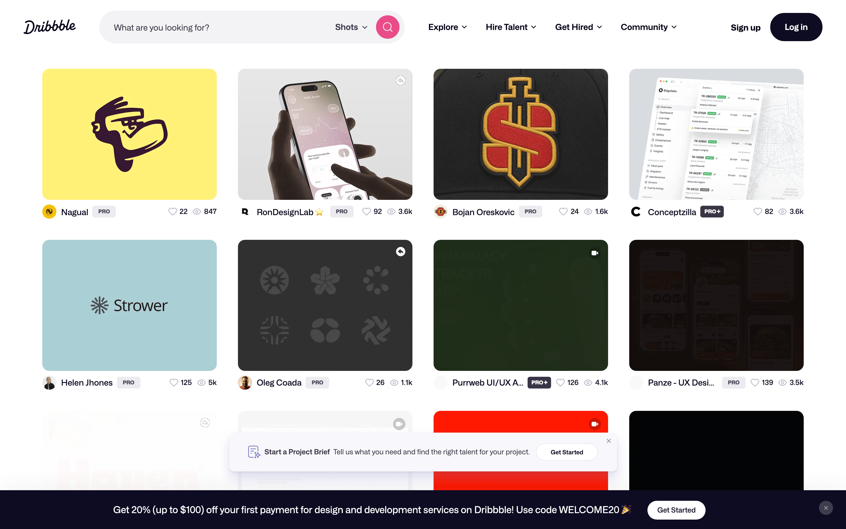 Dribbble — 桌面滚动分段(90% viewport 步进,作为视觉证据)