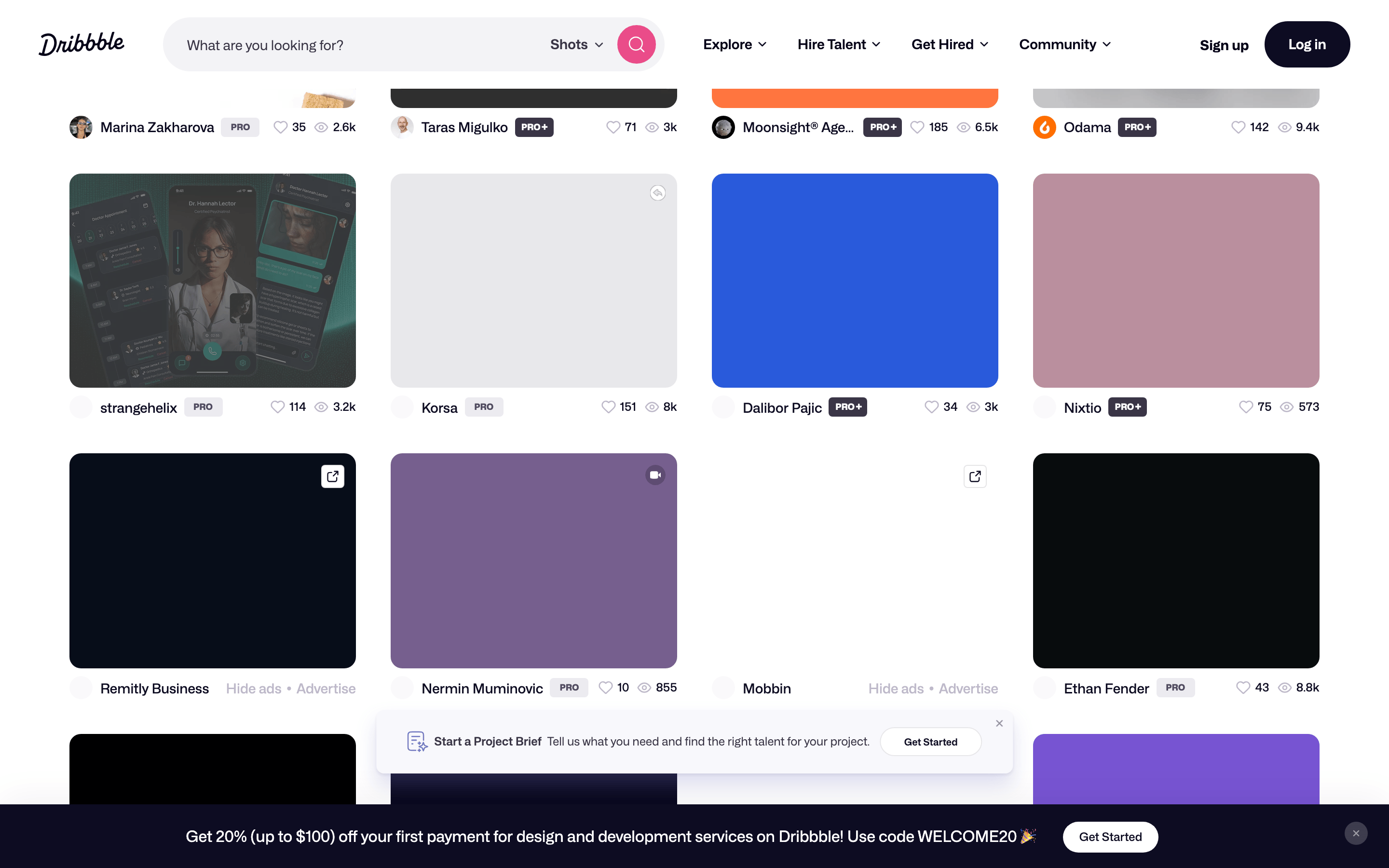 Dribbble — 桌面滚动分段(90% viewport 步进,作为视觉证据)