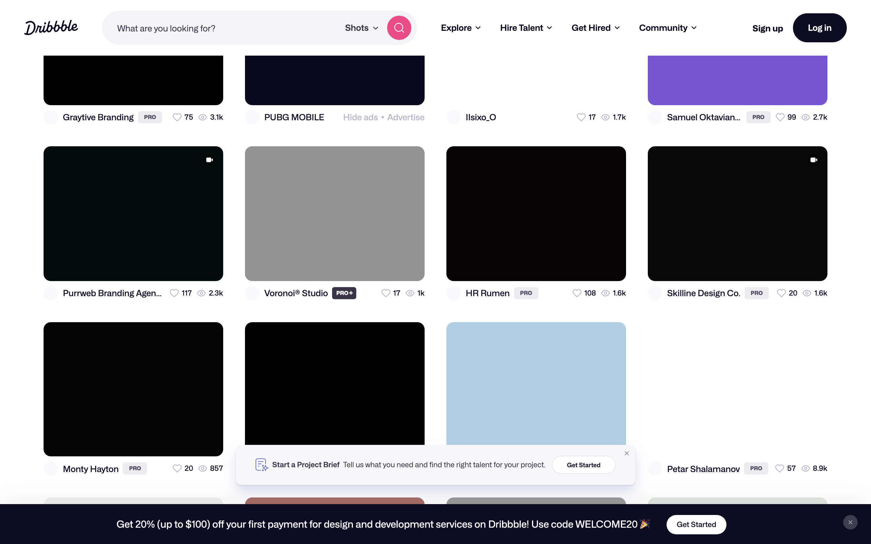 Dribbble — 桌面滚动分段(90% viewport 步进,作为视觉证据)