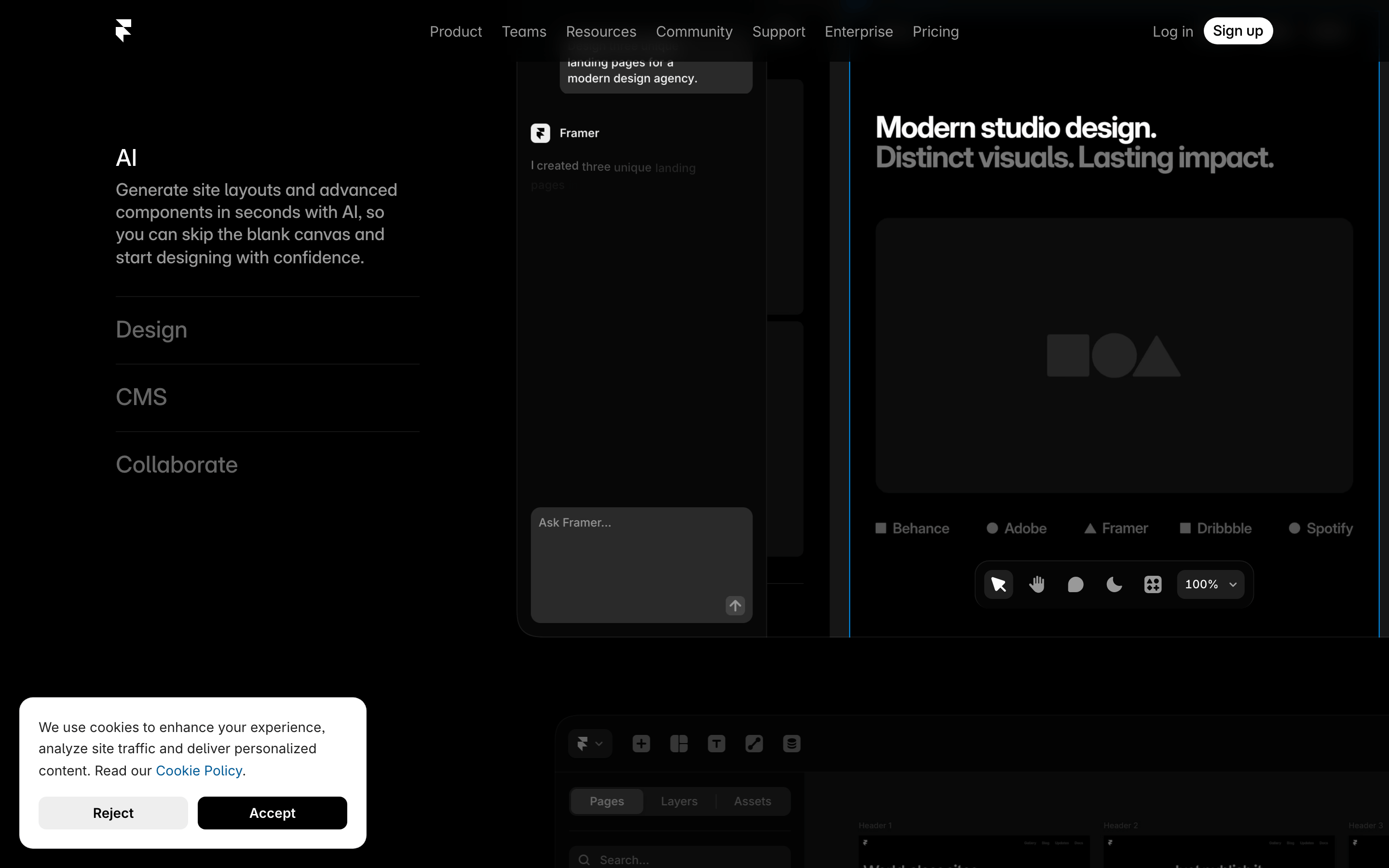 Framer — 桌面滚动分段(90% viewport 步进,作为视觉证据)