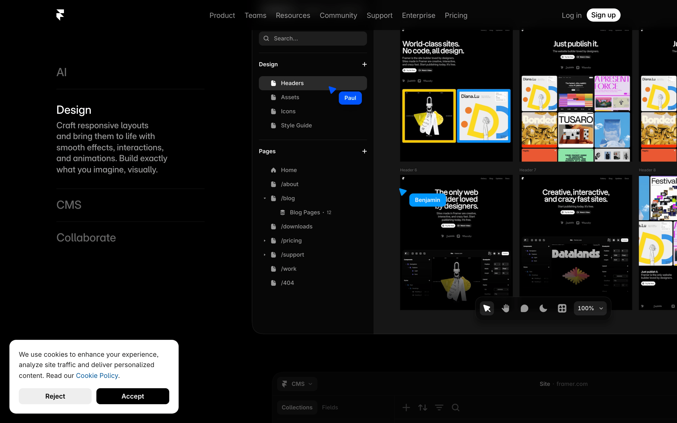 Framer — 桌面滚动分段(90% viewport 步进,作为视觉证据)