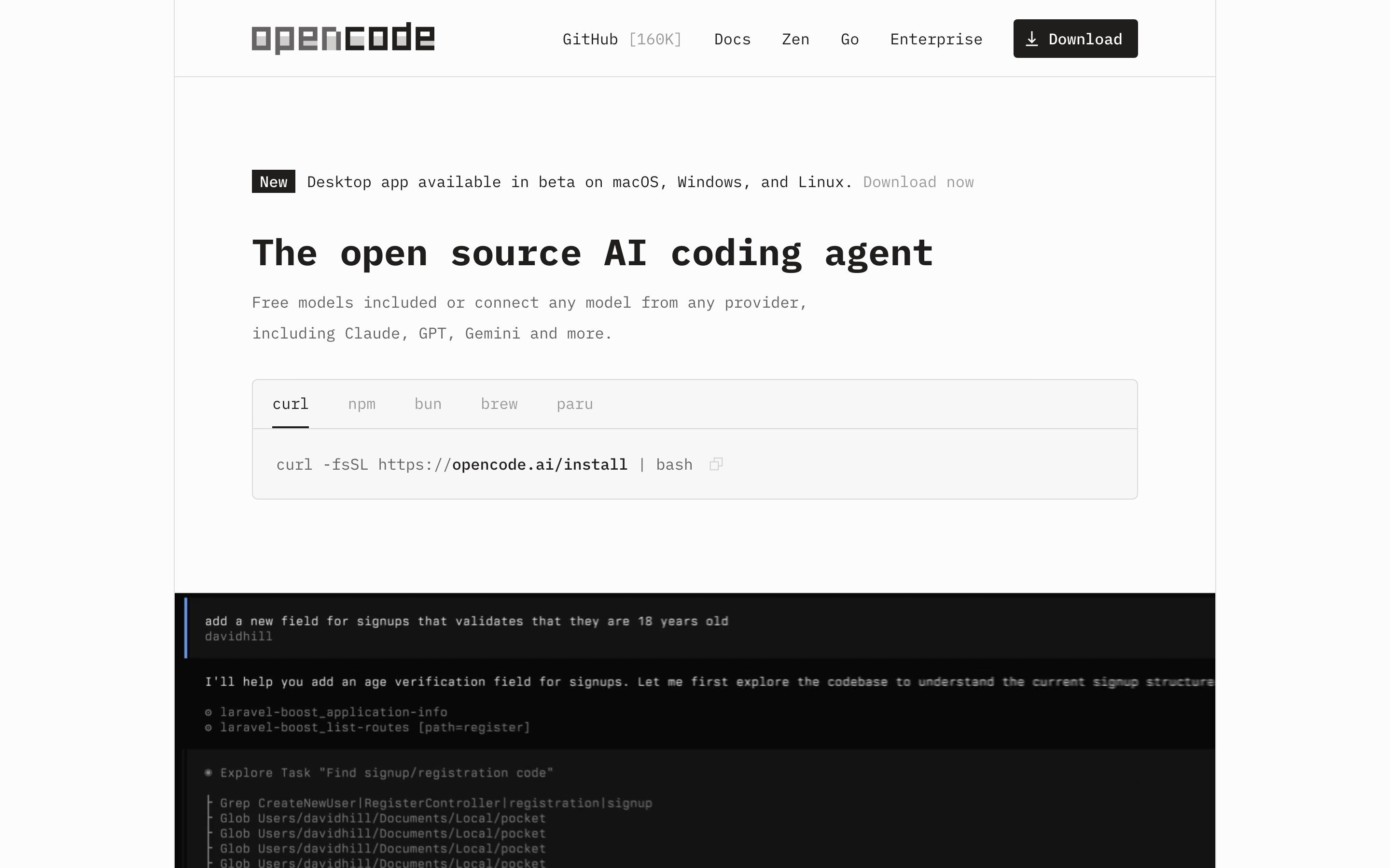 Opencode — 桌面滚动分段(90% viewport 步进,作为视觉证据)