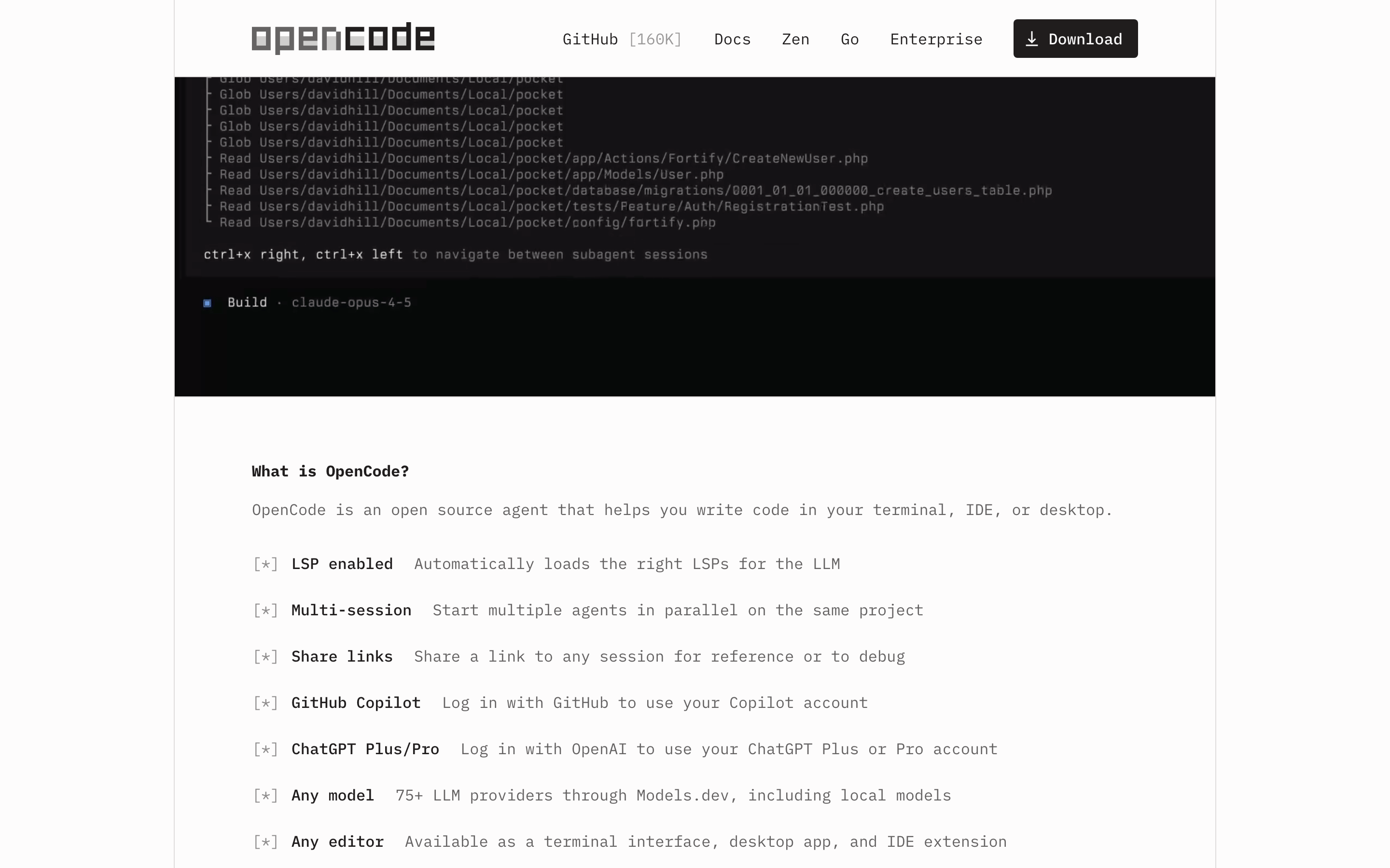 Opencode — 桌面滚动分段(90% viewport 步进,作为视觉证据)