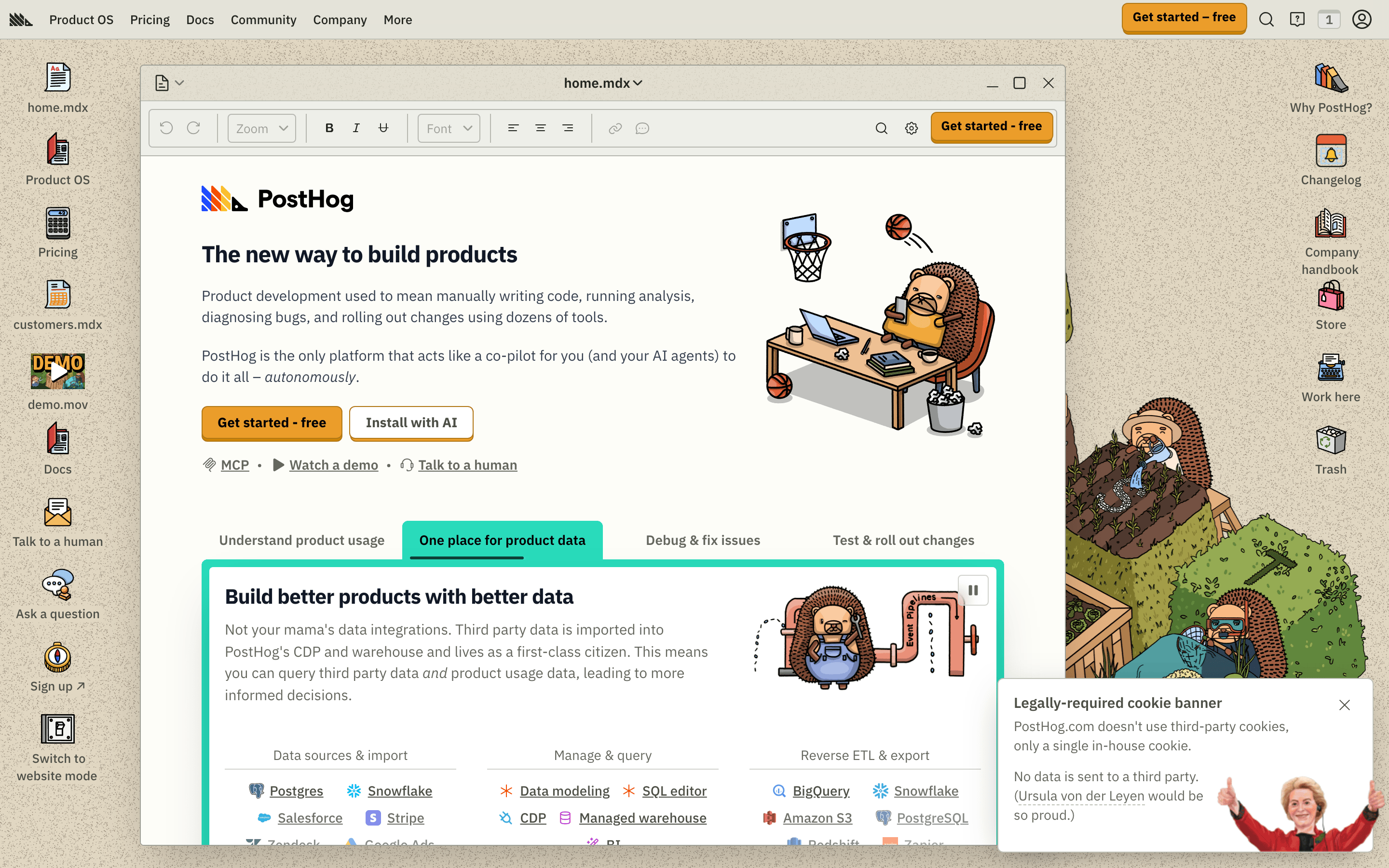 Posthog — 桌面滚动分段(90% viewport 步进,作为视觉证据)