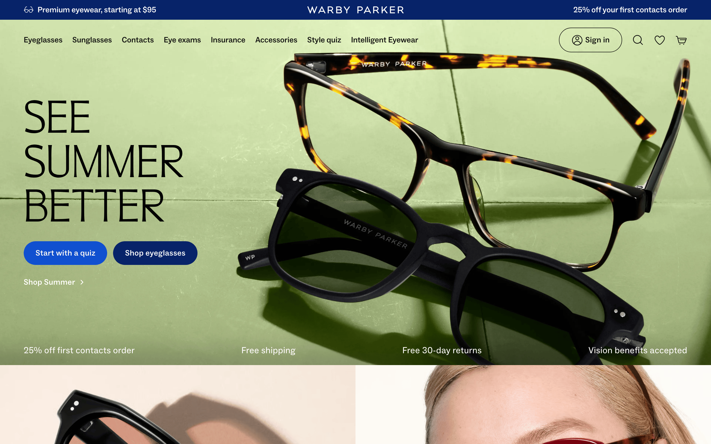 Warby Parker — 桌面滚动分段(90% viewport 步进,作为视觉证据)