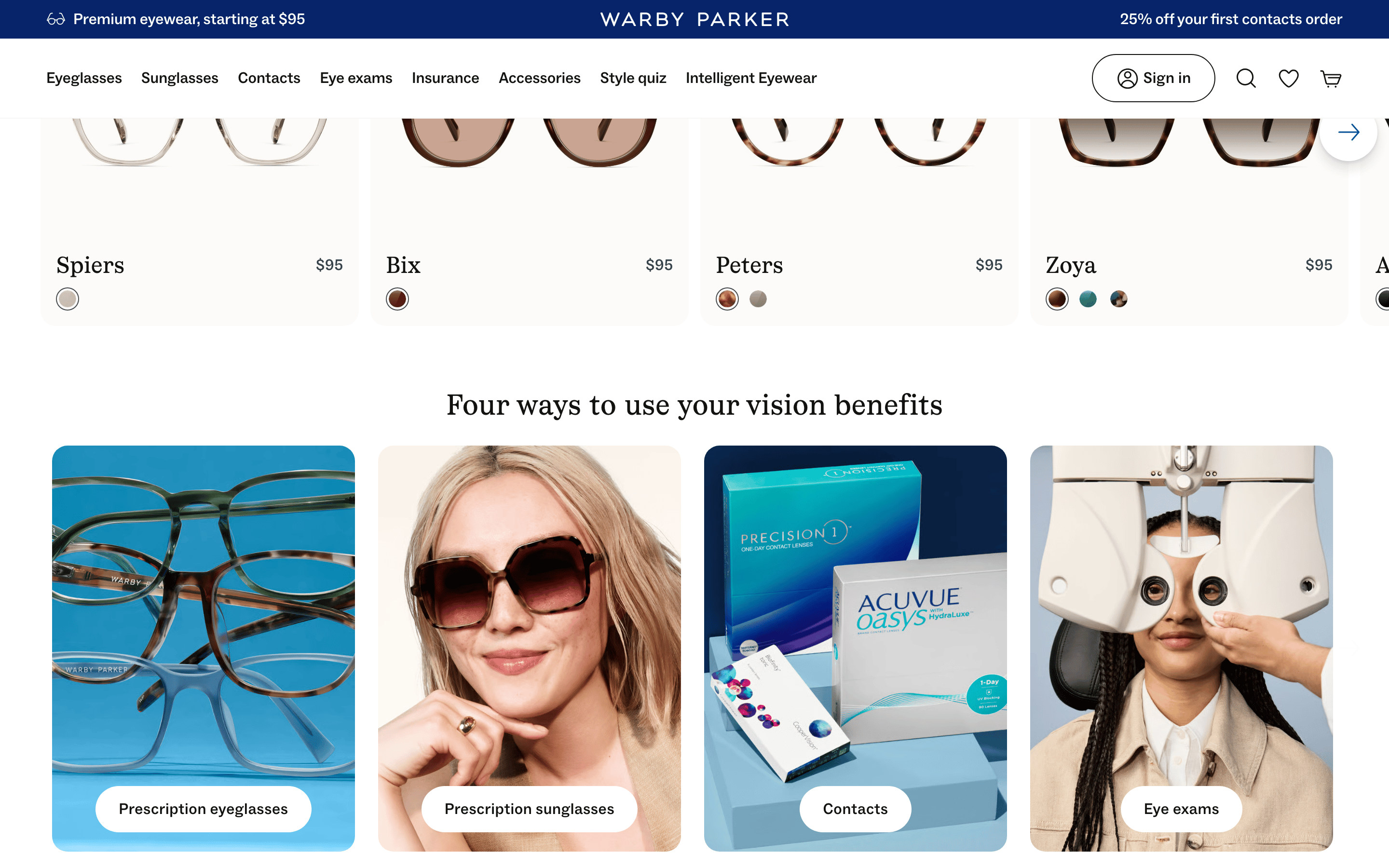 Warby Parker — 桌面滚动分段(90% viewport 步进,作为视觉证据)