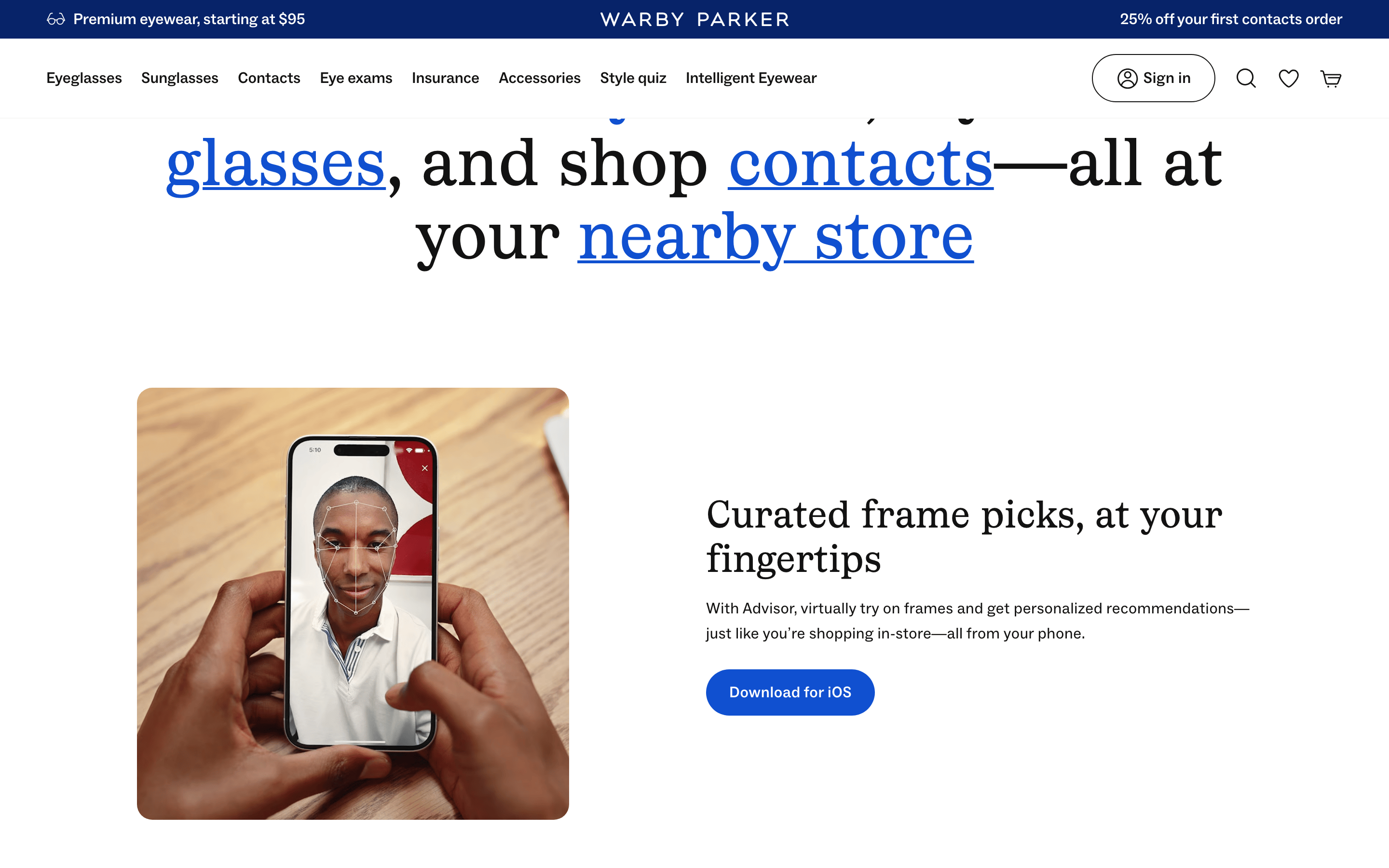 Warby Parker — 桌面滚动分段(90% viewport 步进,作为视觉证据)