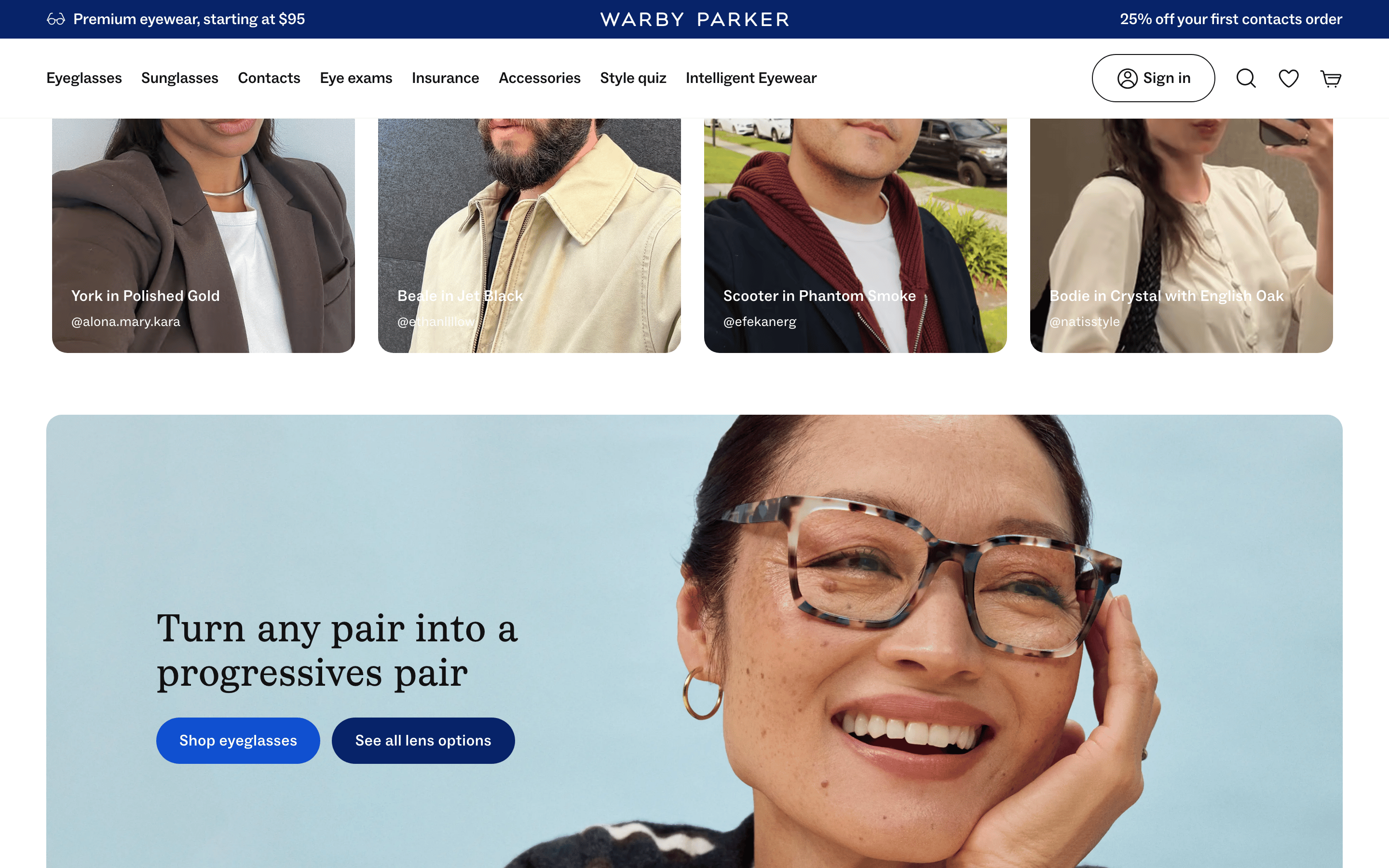 Warby Parker — 桌面滚动分段(90% viewport 步进,作为视觉证据)