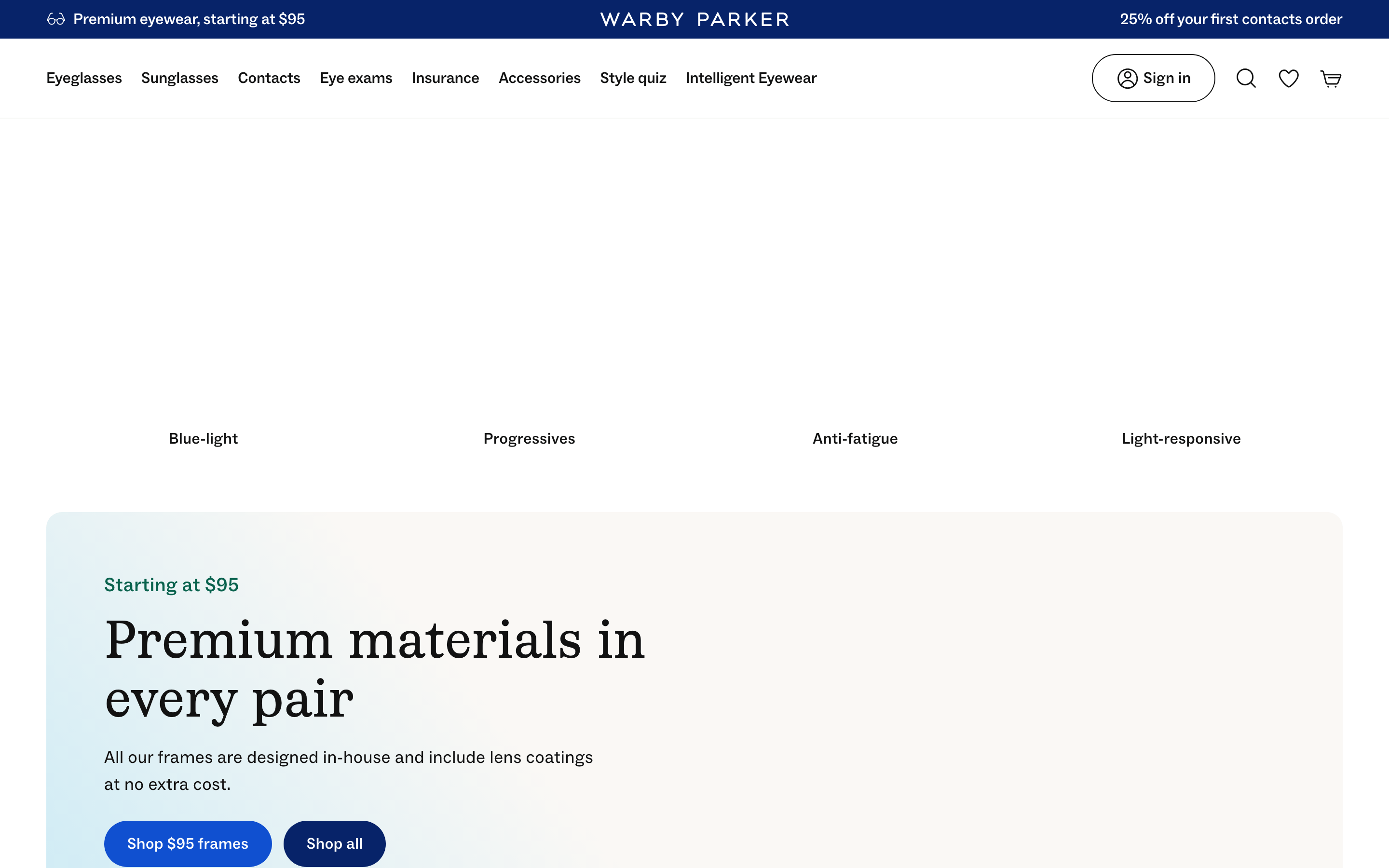 Warby Parker — 桌面滚动分段(90% viewport 步进,作为视觉证据)