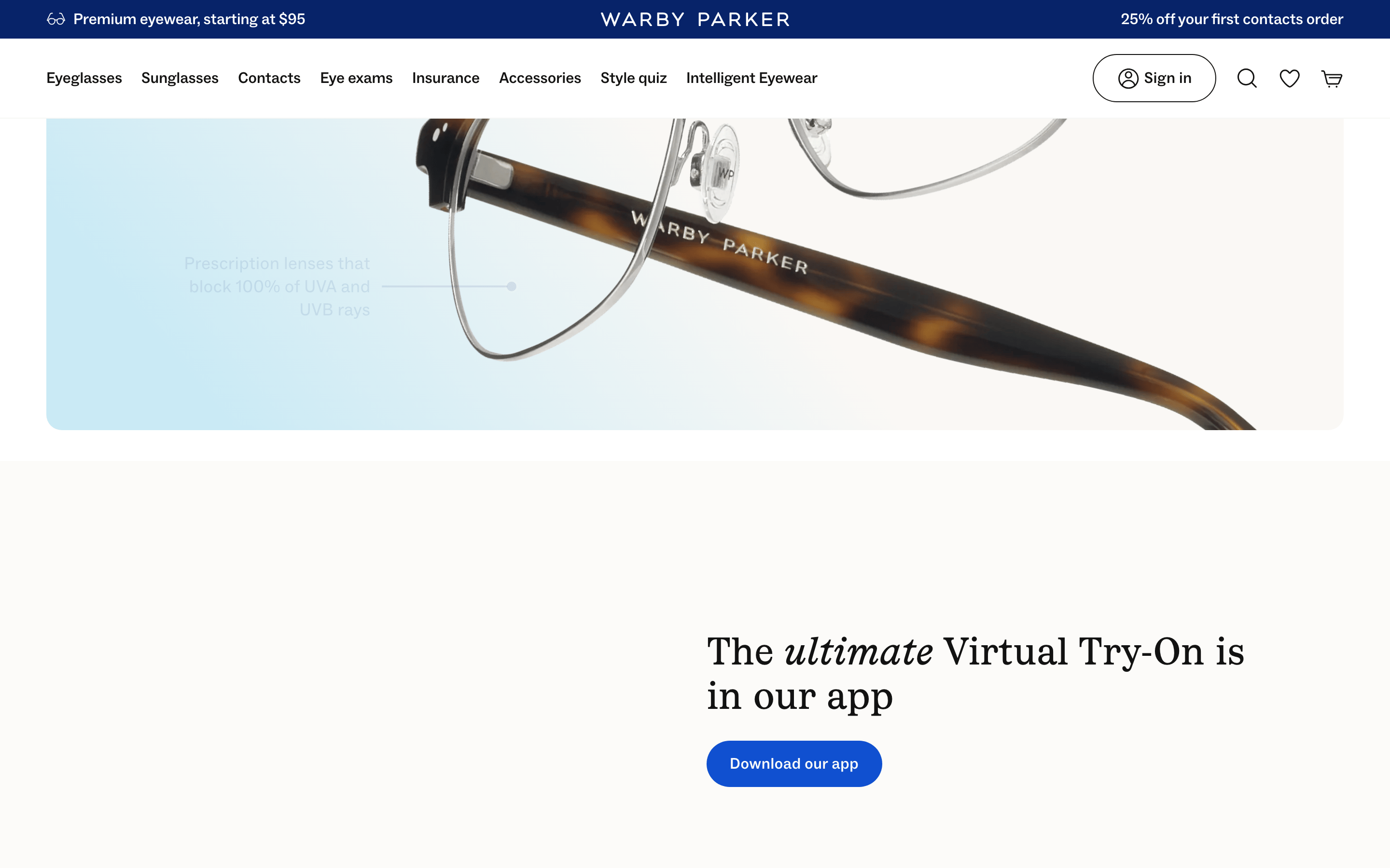 Warby Parker — 桌面滚动分段(90% viewport 步进,作为视觉证据)