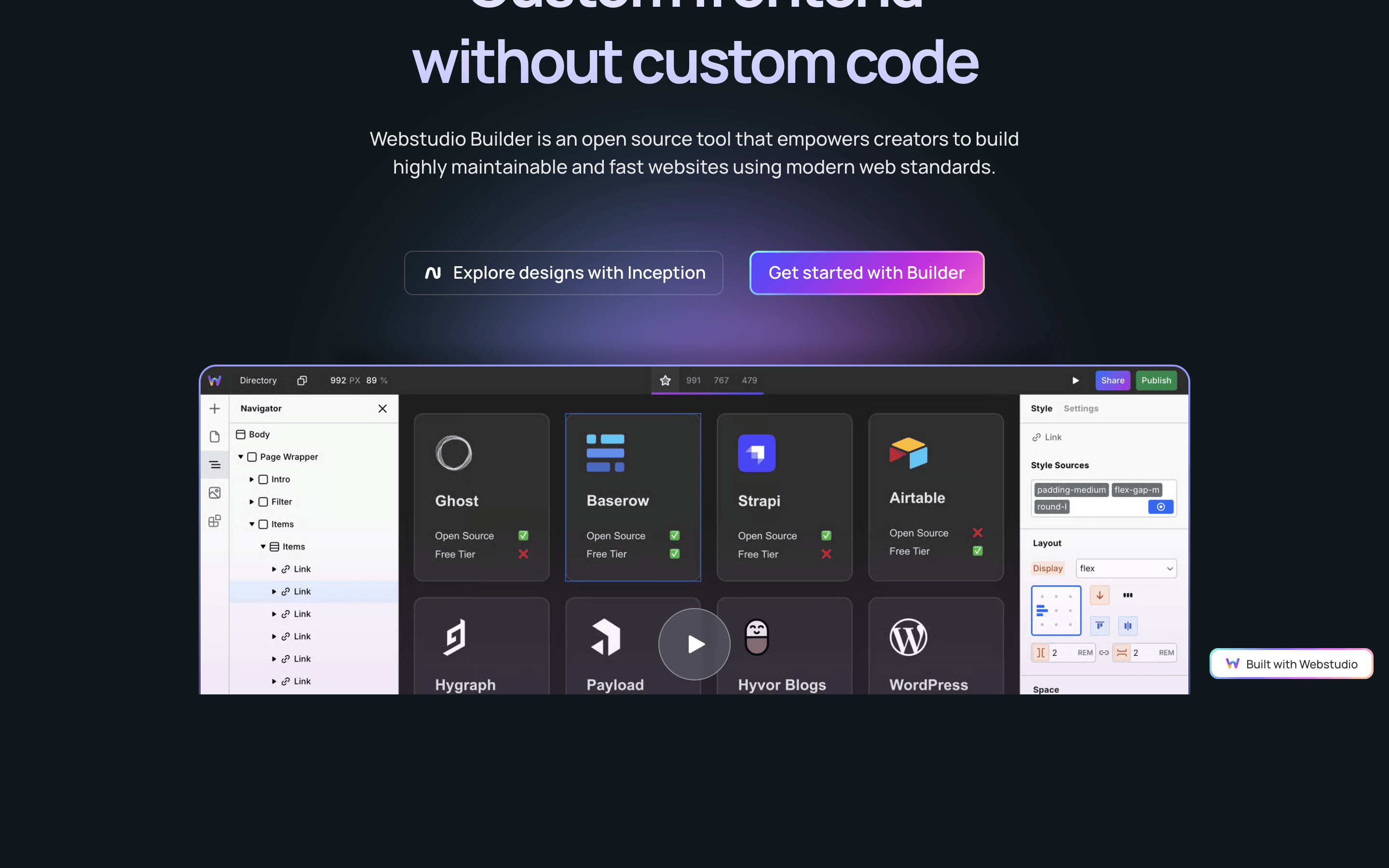 Webstudio — 桌面滚动分段(90% viewport 步进,作为视觉证据)