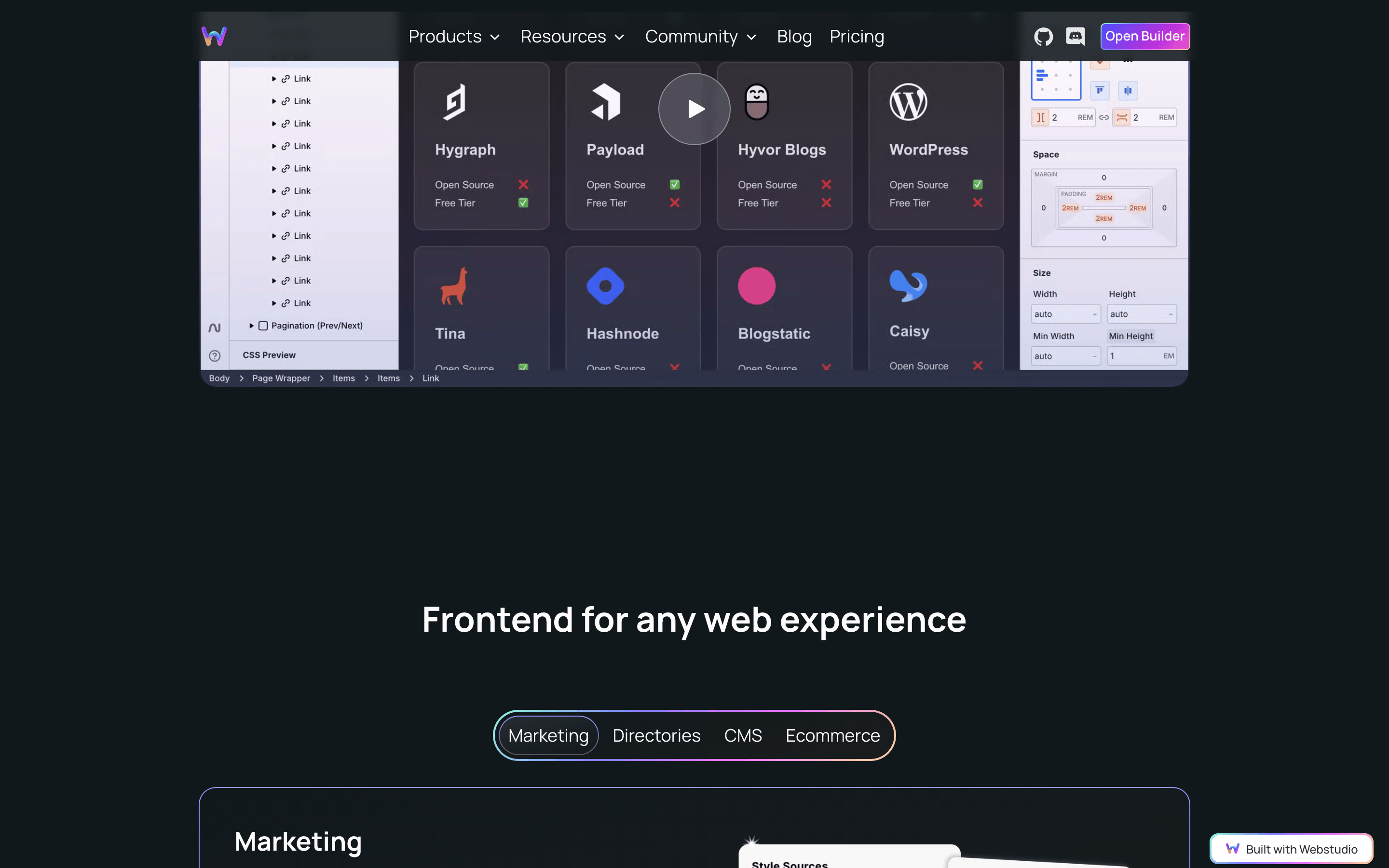Webstudio — 桌面滚动分段(90% viewport 步进,作为视觉证据)